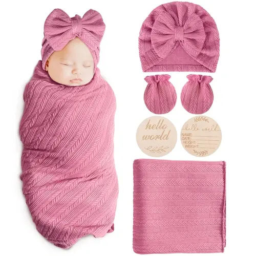 Newborn Receiving Blanket with Bow Hat Mittens Wooden Card Set Wheat-Pattern Newborns Toddler Baby Boy Girl Nursery Swaddle Wrap