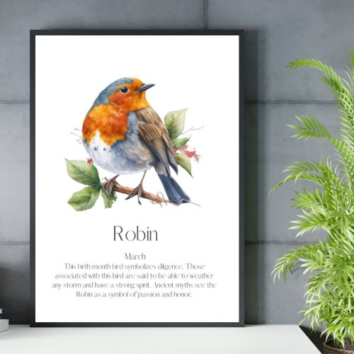 March Bird Art Print Robin Bird Month Print Birth Month Bird Art Bird Month Wall Decor Robin Wall Decor Birth Month Gift Birthday Symbol