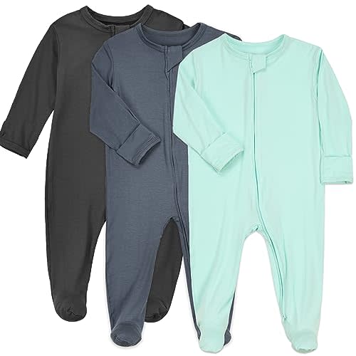 Aablexema Baby Zipper Pajamas Bamboo Rayon, 3pcs Unisex Infant Onesie with Mitten Long Sleeve Footed Pjs