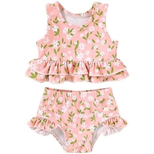 Toddler Girls Swimsuit Outfit Ruffle Floral Sleeveless Bikini Two Piece Bathing Suit for Baby Girl
