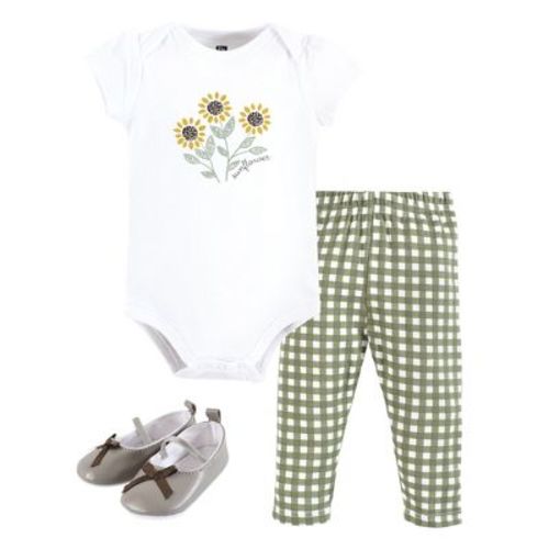 Hudson Baby Infant Girls Cotton Bodysuit, Pant and Shoe Set, Sunflower Love, 6-9 Months