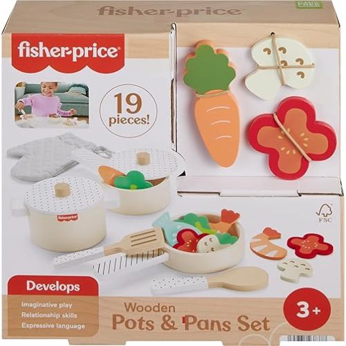 Fisher-Price Wood Kitchen Pretend Play Toy Pots & Pans Set, 19-Piece Playset Wooden, Metal & Fabric for Preschool Kids Ages 3+ Years
