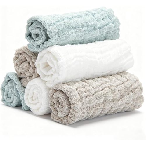Organic Muslin Baby Washcloths 6 Pack Baby Bath Face Towel 12x12 Inch Extra Absorbent and Soft Burp Cloth and Wash Cloths for Newborn-Infants On Sensitive Skin (White Green Brown)