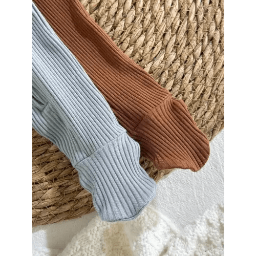 Loomiva Newborn Baby Boy/Girl 2 Pieces Set: Solid Color Soft Knit Crew Neck Long Sleeve Romper With Footie Pants | SHEIN USA