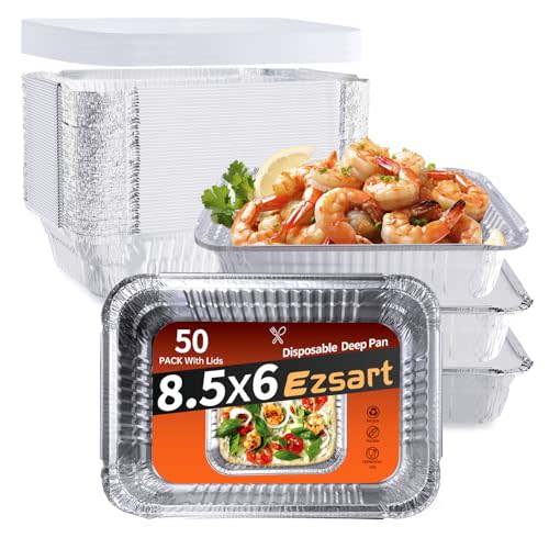 Ezsart Aluminum Pans with Lids - 50 Pack 2.25LB Capacity Disposable Pans, 8.5”x6” Heavy Duty Tin Foil Pans with Lids for Cake Baking, Cooking, Heating, Storing, Prepping Food