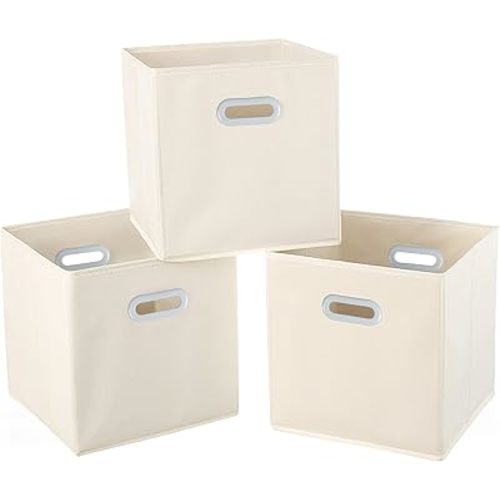 Fabric Cloth Storage Bins,Fabric Cube Organizer with Dual Handles Foldable Cube Storage Baskets for Home Bedroom Storage,Set of 3, Creamy-White
