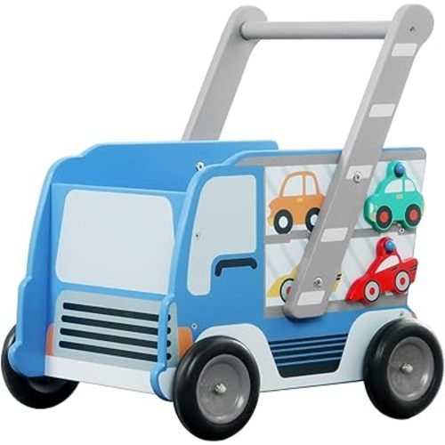 labebe Baby Wooden Learning Walker, 2-in-1 Toddler Push & Pull Toys Stroller Pushing Walker, Infant Sit to Stand Wood Walker Wagon, Transfer Cart Toy for Girls & Boys 1-3 Years Old Kids, Blue