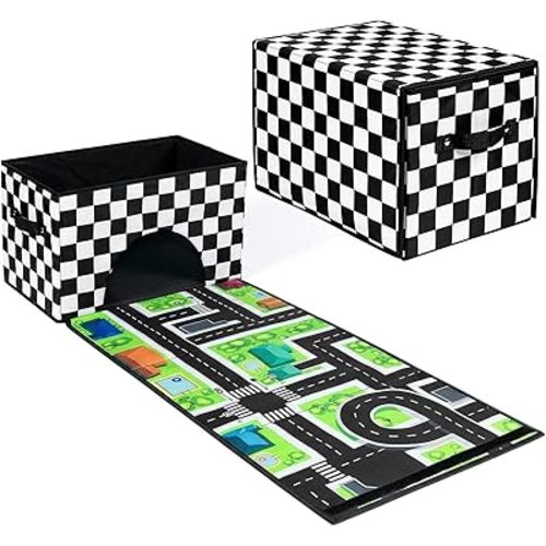 HFKPJRT Toy Car Storage Box with Play Mat, 2-in-1 Collapsible Car Organizer Garage with Racetrack, Large Toy Organizer Bin for Kids Boys Girls, Storage Container for Toys, Trucks, Vehicles