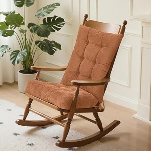 Rocking Chair Cushion with Seat/Back Cushion with Ties for Indoor Rocker，Tufted Cushion Anti-Slip Back Cover for top and Bottom with tie (Brown, 21 * 17/17 * 17)