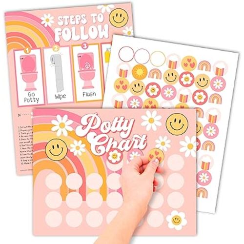 Hadley Designs Potty Training Chart for Toddlers Girls -10 Sticker Potty Chart for Toddlers Girls, 8.5x11" Potty Training Sticker Charts for Toilet Success, Retro Toddler Reward Chart for Kids
