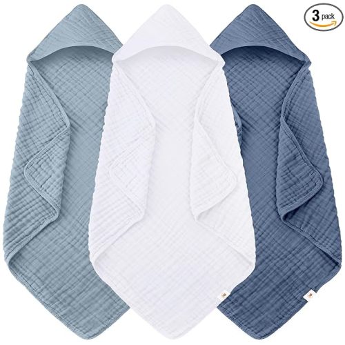 Sunny zzzZZ Muslin Hooded Baby Bath Towels - 3 Pack 100% Cotton Soft Low-Saturation Pastel Towels Including Classic White for Newborns, Infants, Toddlers - 32x32 Inch - Light Navy and White