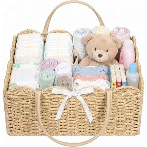 Large Diaper Caddy Organizer, Paper Rope Nursery Storage Basket with Removable Divider, Portable Diaper Storage for Car & Home.