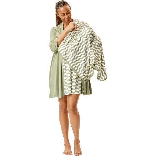 Motherhood Maternity Womens Nursing Chemise Nightgown, Robe and Swaddle 3-Piece Set,Sage/Checkmate Sage,Large