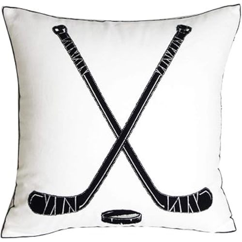 Embroidered Hockey Throw Pillow Cover,Square 18 inch Decorative Canvas Pillow Cover for Ice Hockey Room Decor(Cover Only)