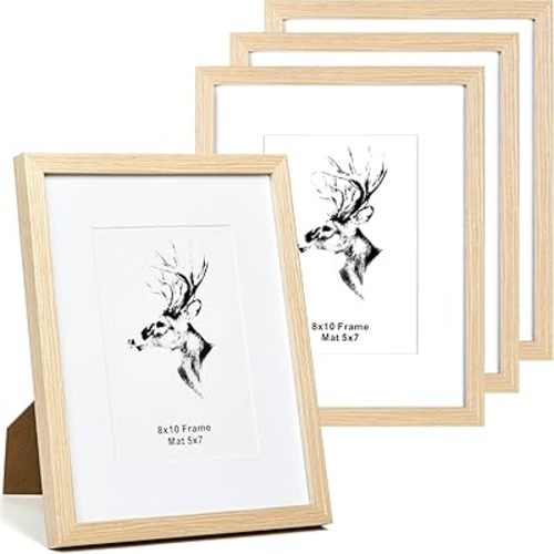 Yaetm 8x10 Picture Frame Matted to 5x7 Set of 4, Natural Solid Oak Wood 8x10 Frames with Tempered Glass for Wall Gallery, Home and Office, Display on Tabletop or Wall Mounting (4 Pack, Oak)