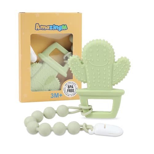 Baby Food Grade Silicone Teether Toy with One Piece Design Pacifier Clip Holder,Teething Pain Relief Toys Gift Set for 3 Months+ Boys and Girls,Freezer Safe,BPA Free. (Cacuts)