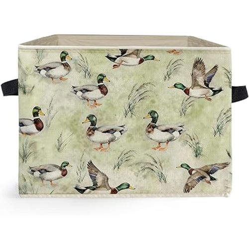 Green Mallard Duck Nursery Storage Box Bins, Vintage Rustic Flying Mallard Ducks Collapsible Storage Basket Organizer for Kids Room Bedroom Laundry Room Clothes Books, Decor for Room