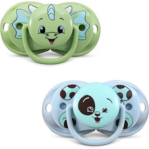 RaZbaby Keep-It-Kleen Baby Pacifier 2-Pack Closes When Dropped - BPA-Free Silicone Orthodontic Nipple, Ideal for Travel, Nipple Stays Clean, 0-36 Months - Green Dragon/Blue Puppy Design