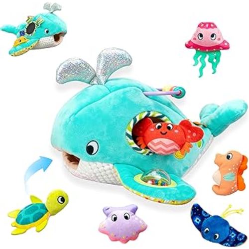 brenzo - Wobble The Whale & Ocean Friends Plush Set | 7-Piece Montessori Sensory Toys for Babies 0-3 | Tummy Time Companions with Rattle, Mirror, Crinkle & Squeaker | Ideal Newborn Toddler Gift