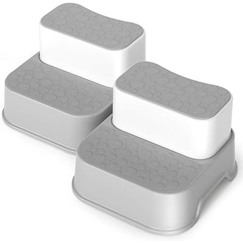 Step Stool for Toddlers, 2-in-1 Kids Step Stool for Bathroom Sink Kitchen Cabinet Bedroom Nursery Room, Non-Slip Sturdy Baby Child Toilet Potty Training Step Stool (2-Pack Grey)