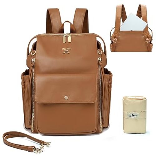 miss fong Leather Diaper Backpack for Girls and Boys Diaper Backpack | 14 Pockets 2 Insulated Pockets Travel Diaper Bag with Diaper Changing Pad, Stroller Straps Convertible