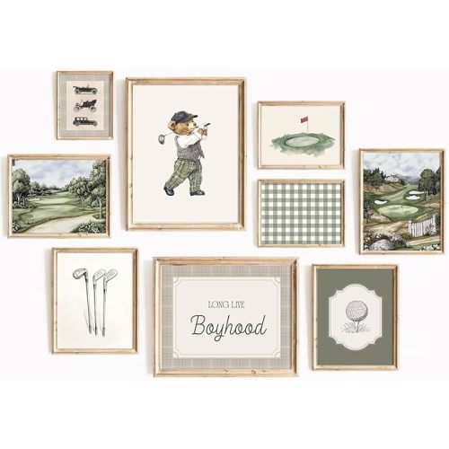 Vintage Sports Nursery Wall Art Decor Teddy Bear Golf Prints Baby Toddler Boy Room Canvas Wall Decor Bear Nursery Pictures Sport Animal Pictures Vintage Golf Artwork for Bedroom 8x10x9 Inch Unframed