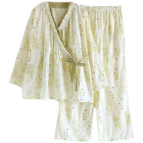 Womens Floral Cotton Pajama Set – Soft Sleepwear with Kimono Wrap Top & Elastic Waist Pants
