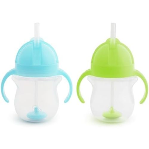 Munchkin Any Angle Sippy Cups for Toddlers, Spill Proof Weighted Straw Cup with Transition Handles for Babies 6 Months and Up, 2 Pack, Blue/Green (Pack of 12)