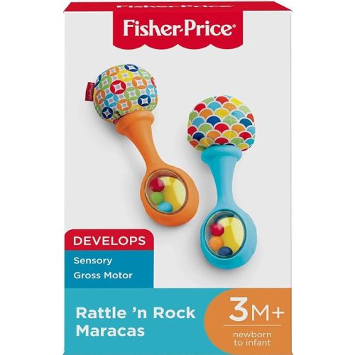 Fisher-Price Newborn Toys Rattle 'n Rock Maracas, Set of 2 Soft Musical Instruments for Babies 3+ Months, Blue & Orange - Blue/Orange