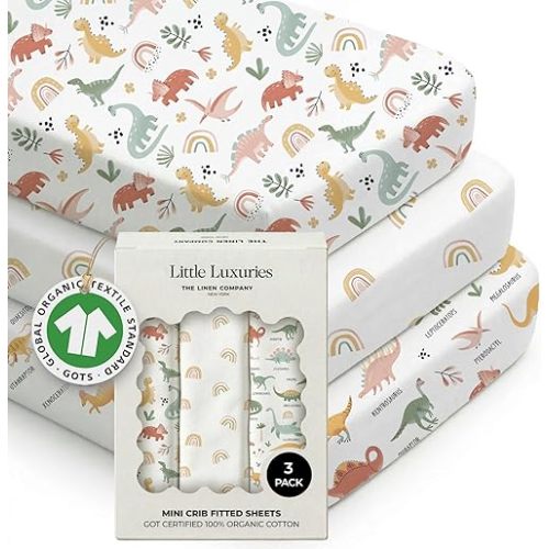 100% Organic Cotton Mini Crib Sheets (3-Pack) - GOTS Certified - Breathable Pack n Play Sheets Fitted - Double-Elastic for Secure Fit, Extra Protection for Your Baby - Gender-Neutral Prints (27"x39")