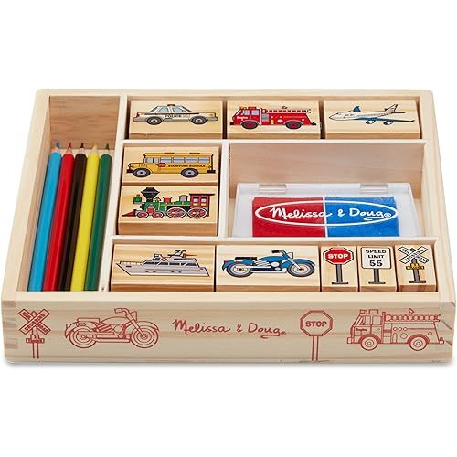 Melissa & Doug Wooden Stamp Set: Vehicles - 10 Stamps, 5 Colored Pencils, 2-Color Stamp Pad