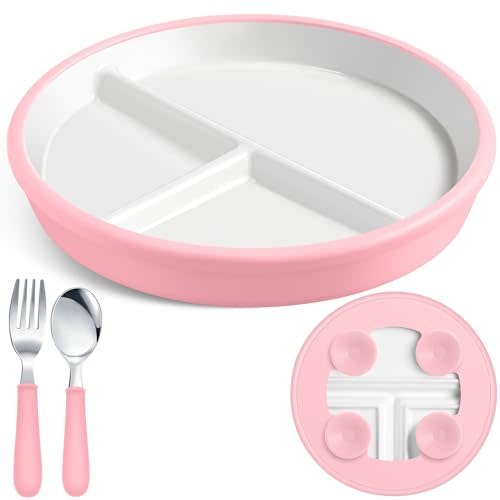 Teenyyou 1 Pack 8" Large Porcelain Toddler Plates Feeding Set, Ceramic Kids Suction Plates with Anti Slip Silicone Sleeve for Baby 3 Spoons and Forks Divided Kids (Pink)