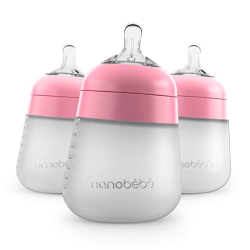 Nanobebe Flexy Silicone Baby Bottle, Anti-Colic, Natural Feel, Non-Collapsing Nipple, Non-Tip Stable Base, Easy to Clean, 3-Pack, Pink, 9oz
