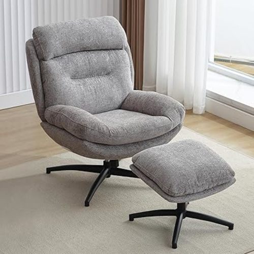Chenille Swivel Accent Chair with Ottoman Set, Comfy Lounge Reading Chairs with Ottoman, Modern 360 Rocking and Swiveling Lazy Single Armchair with Footrest for Bedroom, Grey