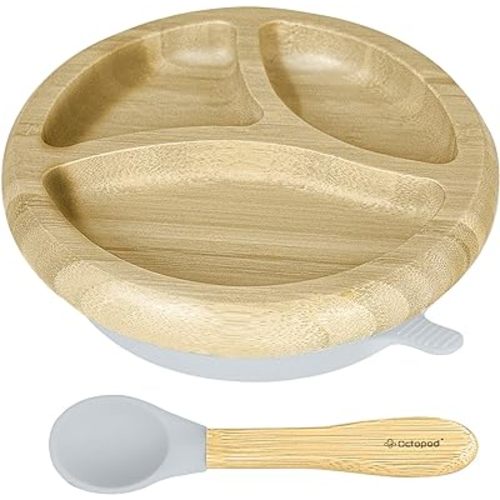 Abiie Octopod Bamboo Dish - Kids Plates for 4 months and up, 3-Compartment Baby Plates with Suction, Round Bamboo Baby Plate, Mess-Free Toddler Suction Plates, Baby Feeding Supplies, 7.5 x 7.5 x 1.9in