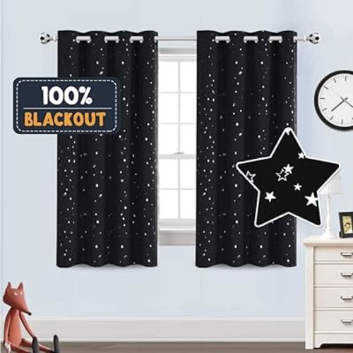 PrinceDeco Blackout Kids Curtains for Bedroom Thermal Insulated Silver Twinkle Star Curtains for Boys Antique Grommet Top Window Treatment 2 Panels Drapes for Nursery (52" W x 63" L, Black/Silver)
