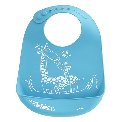 Bucket-Bib 100% Food-Grade Silicone, Waterproof and Reusable, Giraffe Giggles – Electric Blue