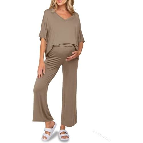Tankaneo Womens Maternity Pajamas 2 Piece Lounge Set Soft Short Sleeve V Neck T-shirt Cropped Pants Pregnancy Loungewear
