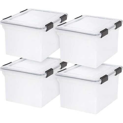 IRIS USA File Box WeatherPro Organizer Plastic for Letter/Legal, Water Resistant Document, Durable Lid, Seal w/Secure Latching Buckles, Stackable, Nestable, Clear 32 Qt. 1 Pack