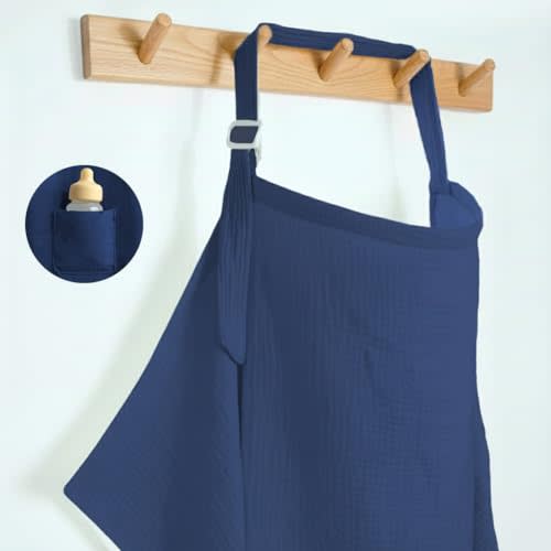 Muslin Nursing Covers for Breastfeeding, Arch Neckline Breast Feeding Covers for Women, Moms Privacy Breathable Summer Nursing Apron, Enlarged XL Size Soft Feeding Cover (Navy Blue)