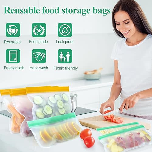 Silicone Storage Freezer Bags, 4 Reusable Sandwich Bags + 4 Reusable Snack Bags, Leakproof Food Storage Containers for Picnic, Work, Home Use