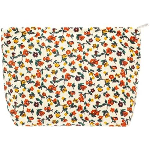 PAZIMIIK Makeup Bag Large Zipper Corduroy Make Up Pouch for Purse Travel Canvas Cosmetic Organizer for Women Brush Storage,Floral White