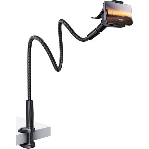 Lamicall Gooseneck Phone Holder Bed - [Nylon Braided] Flexible Arm, 38inch Overall Length, 360 Adjustable Clamp Clip, Overhead Cell Phone Mount Stand for Bed, Desk, 4-7” Cellphone, Gifts