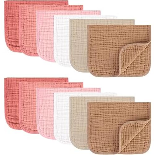 Muslin Burp Cloths 100% Cotton Pack of 12. Soft, Gentle & Absorbent Baby Burp Cloths for Baby Girl & Boys.(Pink & Coffee 12 Pieces)