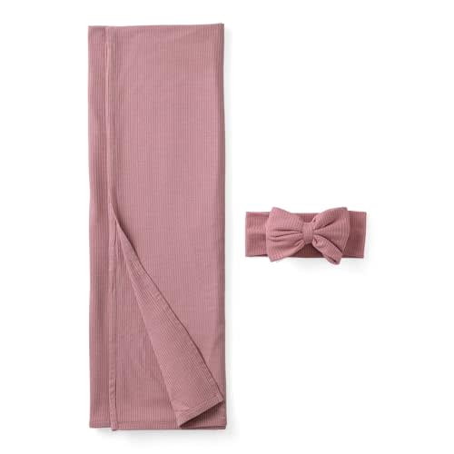 Little Sleepies Swaddle & Bow Set, Viscose from Bamboo Baby Swaddle Blanket, Newborn Baby Girl Clothes, Newborn Essentials (Rosewood Ribbed)