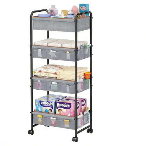Cidaziya 4-Tier Rolling Sorage Cart,Baby Diaper Caddy Organizer, Nursery Baby Storage with Wheels, 2 Dividers & 21 Pockets，Metal Utility Cart for Nursery, Crib, Bedroom, Art & Craft Organizers