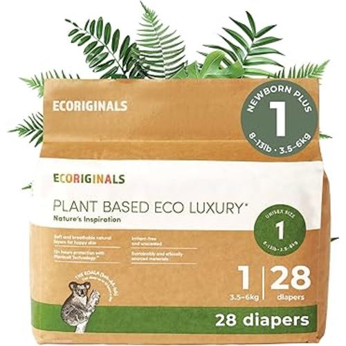 Ecoriginals - 28 Eco Newborn Plus Nappies - Baby Nappies Size 1 with 100% Plant-based Layers, Disposable & Hypoallergenic Baby Essentials for Newborn - Secure Fit Baby Nappies (3.5-6Kg), 1 Pack