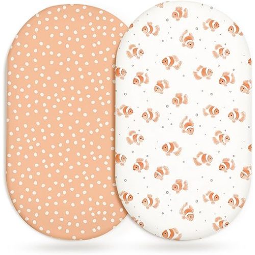 Bassinet Sheets for Baby Girls Boys 2 Pack, Fitted Baby Mattress Sheet for Rectangle, Oval, Hourglass Bassinet Mattress, Breathable Cozy & Universal Fit (Nemo Dots)