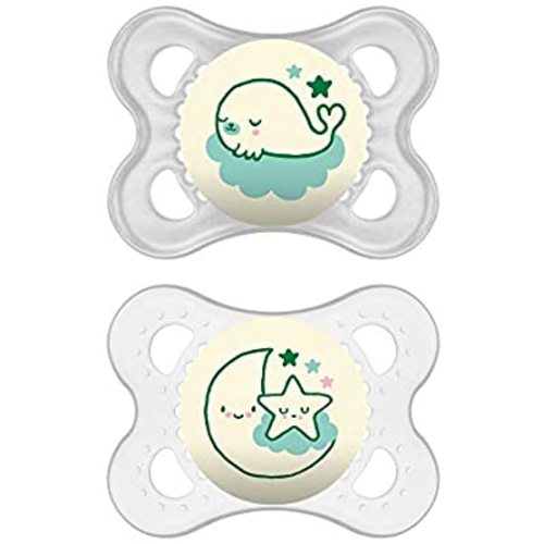 MAM Night Pacifiers (2 Pack, 1 Sterilizing Pacifier Case), MAM Pacifiers 0-6 Months Best Pacifier for Breastfed Babies, Glow in the Dark Pacifier, Unisex Baby Pacifiers