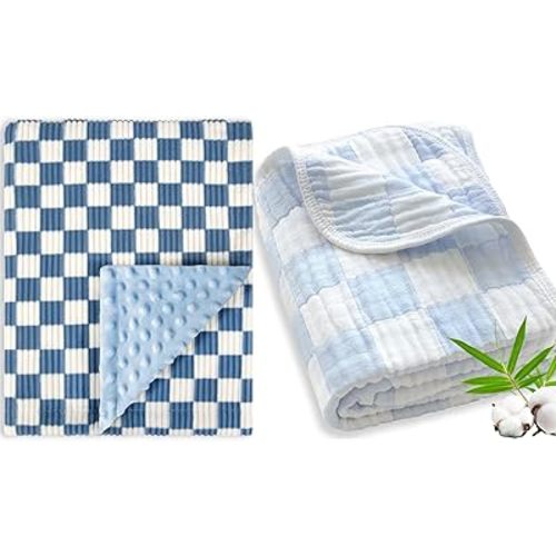 2 Pack Checkerboard Baby Blanket for Boys Girls 30x40 Inches + Muslin Baby Blanket Lightweight Versatile 6 Layers Blue Checkered 43 x 43 Inches